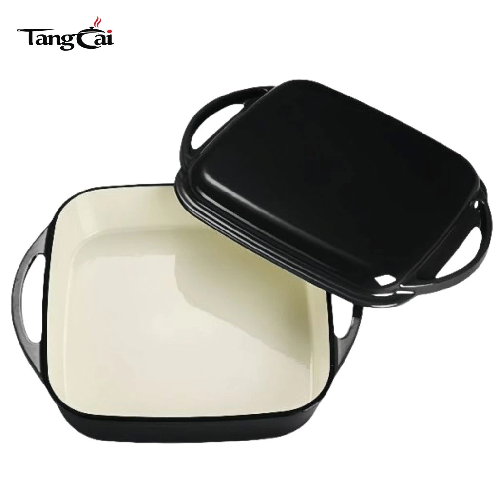 Cream White Enameled Cast Iron 2-in-1 Combo Cooker, Square Roasting Pan with Grill Lid