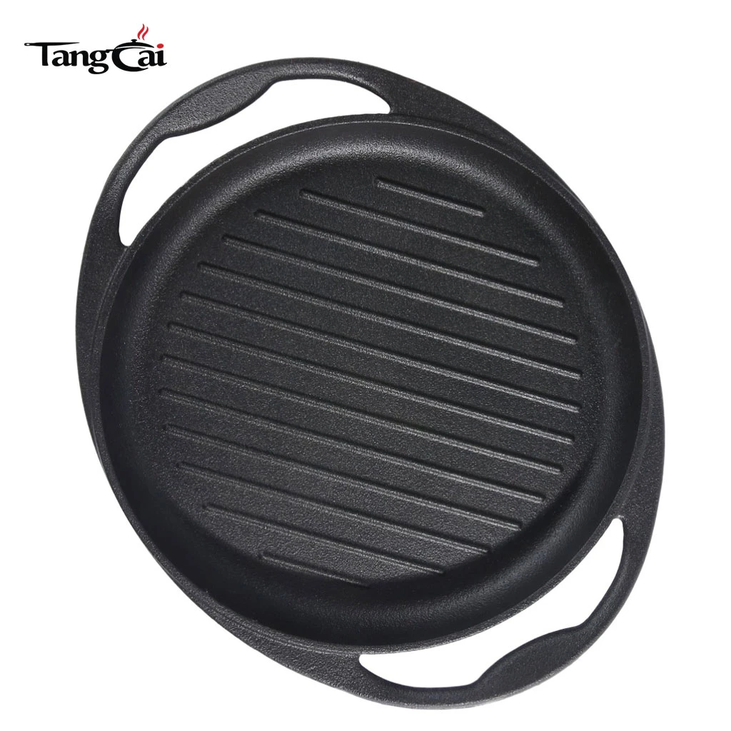Round Cast Iron Grill Pan with Large Loop Handles - Non-Stick BBQ Skillet for Steak, Meat, Vegetables