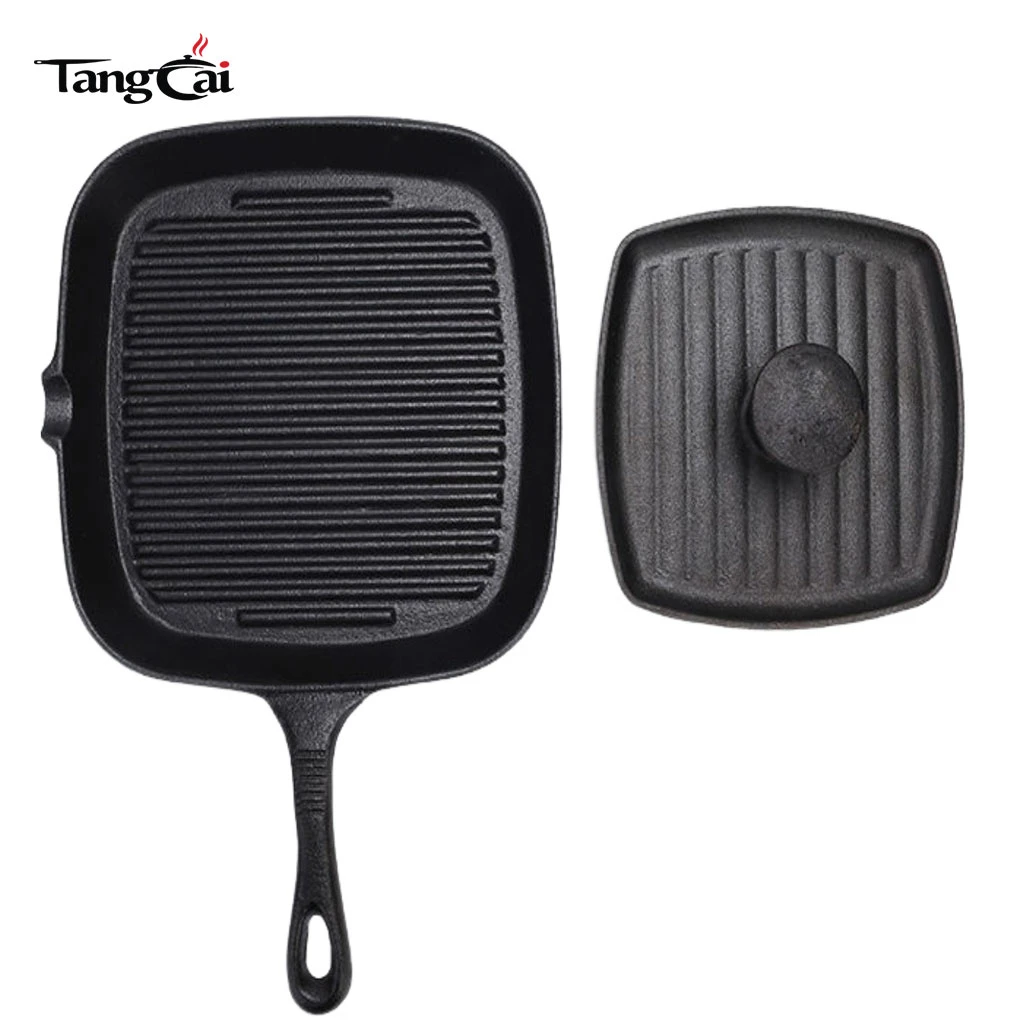 2-Piece Square Cast Iron Griddle Kit, Ridged Grill Skillet + Cast Iron Steak Press