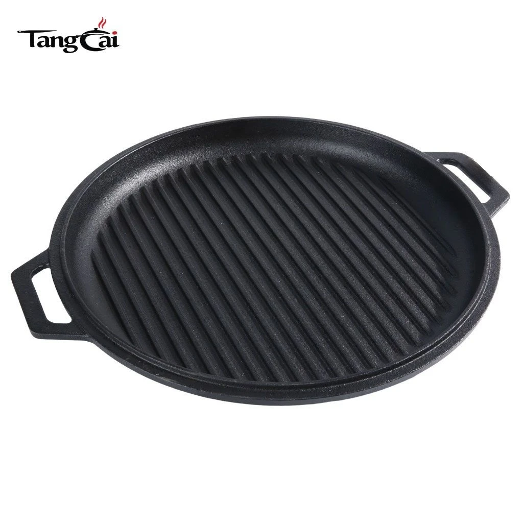 11 Inch Round Cast Iron Grill Pan - Pre-Seasoned Ridged Griddle Plate