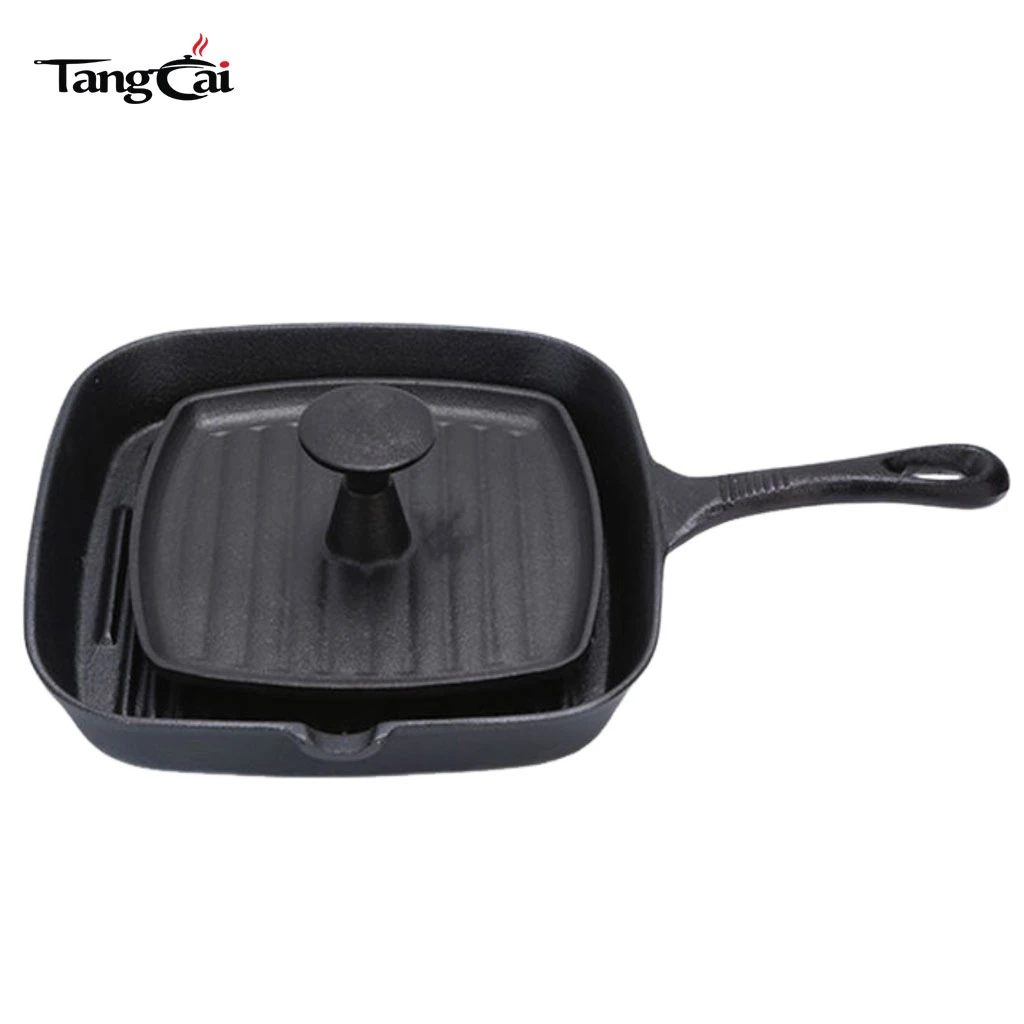 2-Piece Square Cast Iron Griddle Kit, Ridged Grill Skillet + Cast Iron Steak Press
