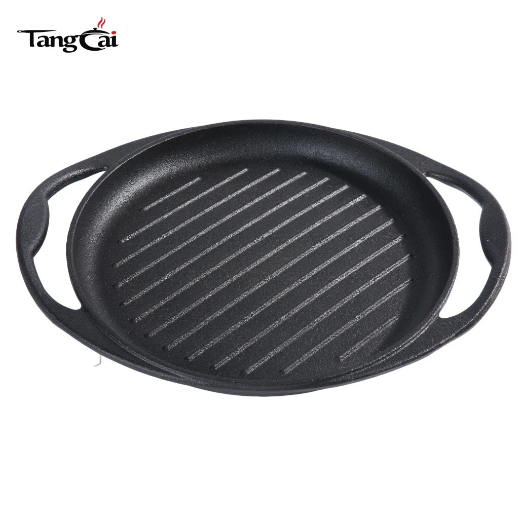 Round Cast Iron Grill Pan with Large Loop Handles - Non-Stick BBQ Skillet for Steak, Meat, Vegetables