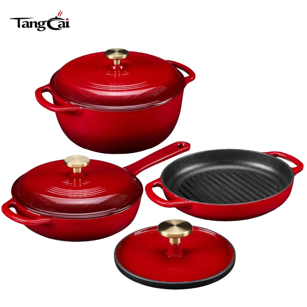 Wholesale 4-Piece Enamel Cast Iron Cookware Set - Nonstick Dutch Oven and Grill Pan Set