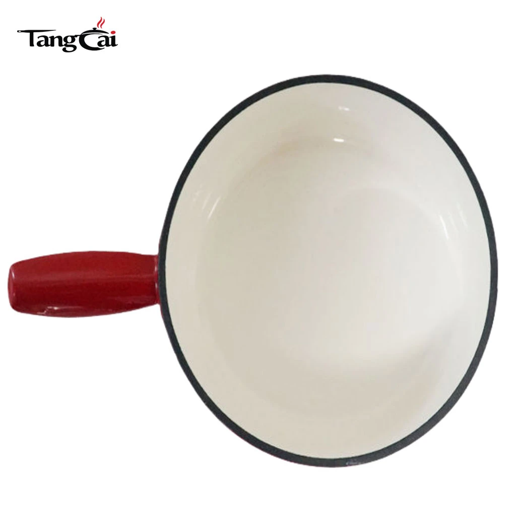 Custom Red Enameled Cast Iron Fondue Pot with Scenic Pattern Print