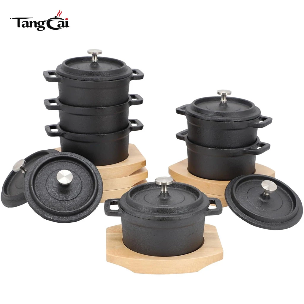 Mini Pre-Seasoned Cast Iron Cocotte Set with Lids & Wooden Trivets, Small Dutch Ovens for Baking, Serving & Individual Meals