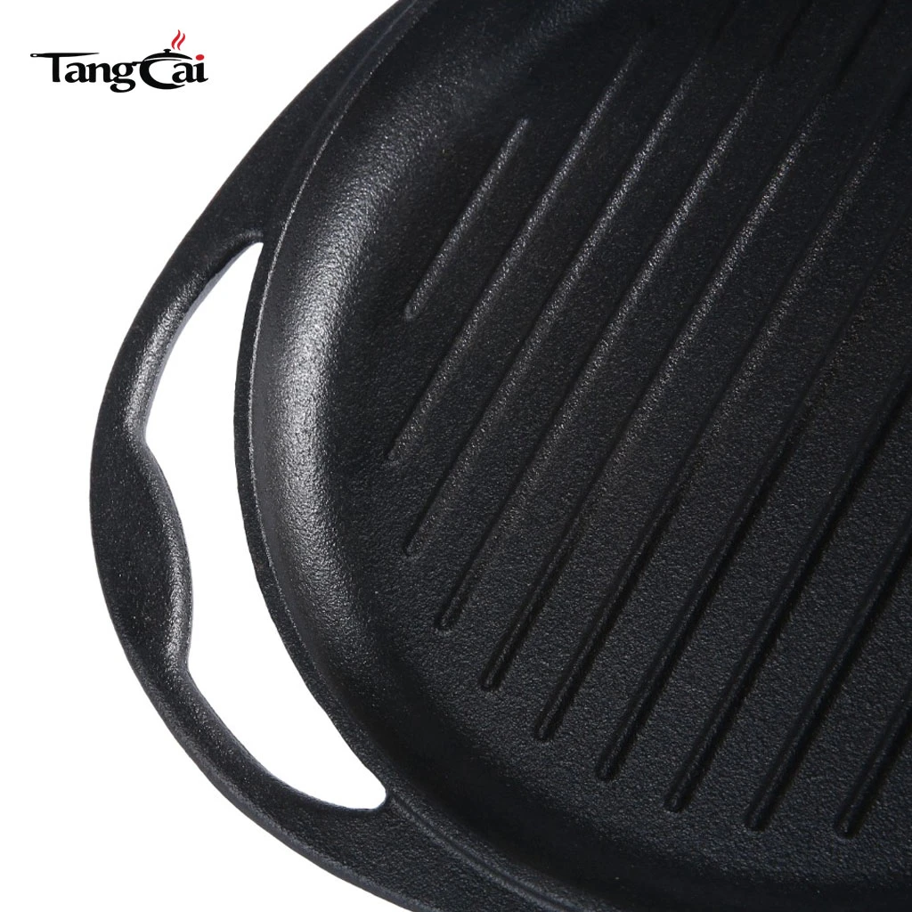 Round Cast Iron Grill Pan with Large Loop Handles - Non-Stick BBQ Skillet for Steak, Meat, Vegetables