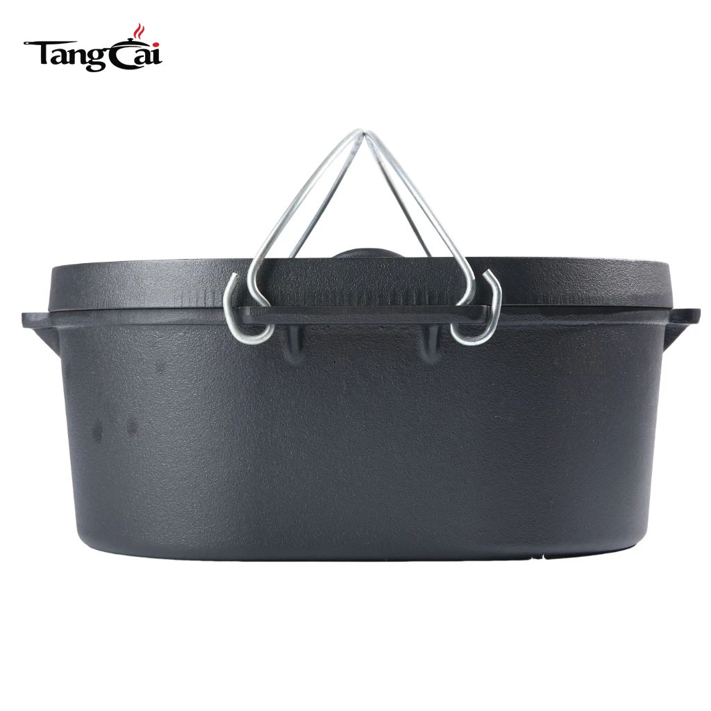 5.5QT Camping Cookware Cast Iron Oval Dutch Oven with Grill Lid