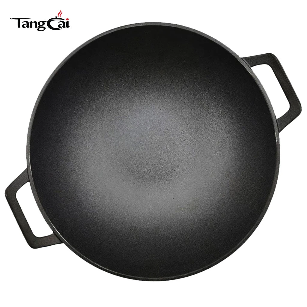 Large 14 Inch Pre-Seasoned Cast Iron Wok Pan with Dual Handles