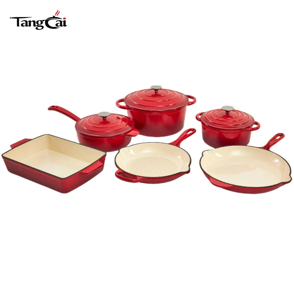 Custom Luxury 6-Piece Enameled Cast Iron Cookware Set- Glossy Red Pots and Pans