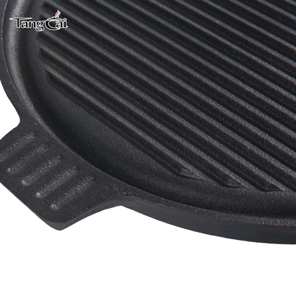 Korean-Style Cast Iron Round Grill Pan with Dual Handles - Nonstick Ridged BBQ Griddle Pan
