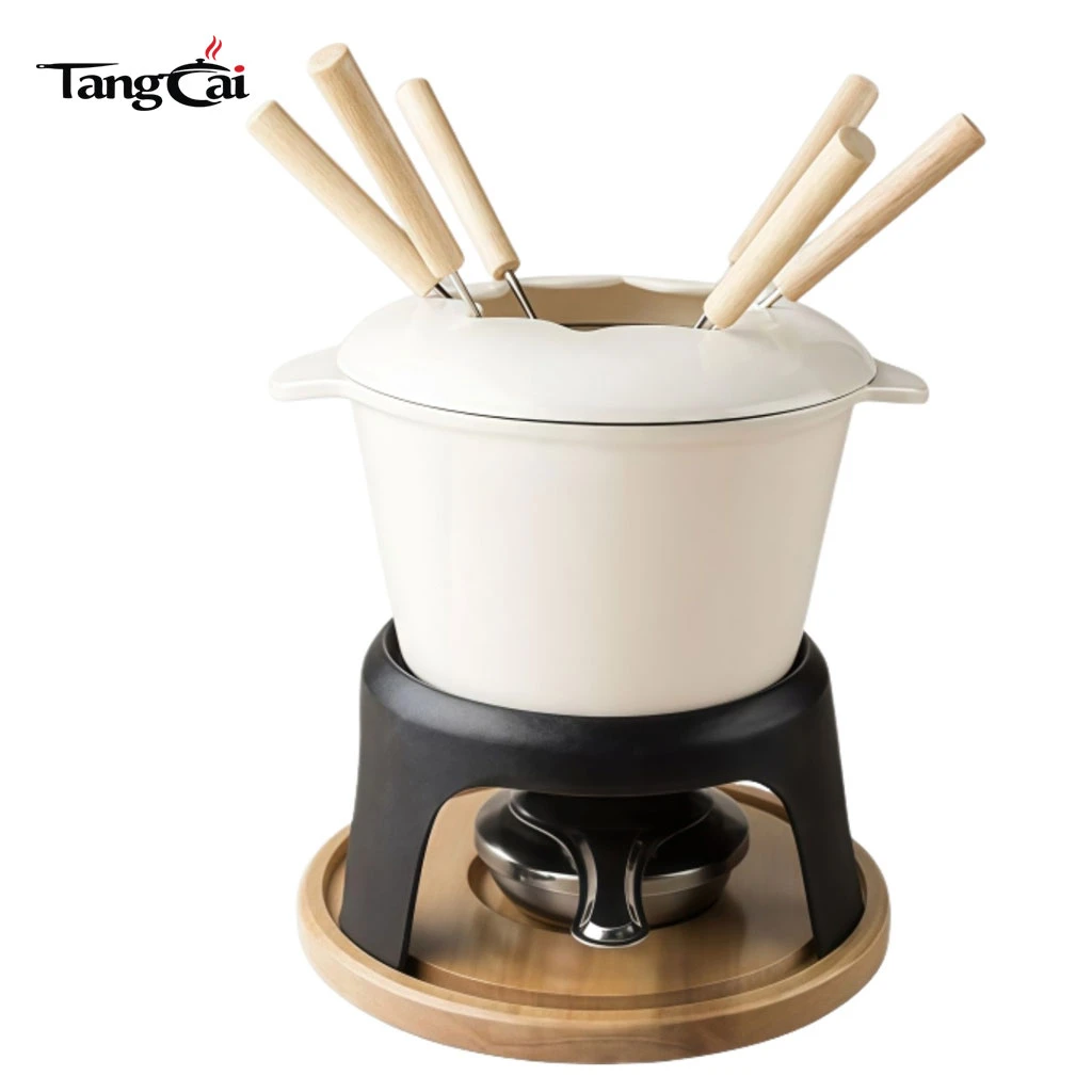 Enameled Cast Iron Fondue Set with Metal Stand and Forks, 1.6QT Chocolate Melting Pot