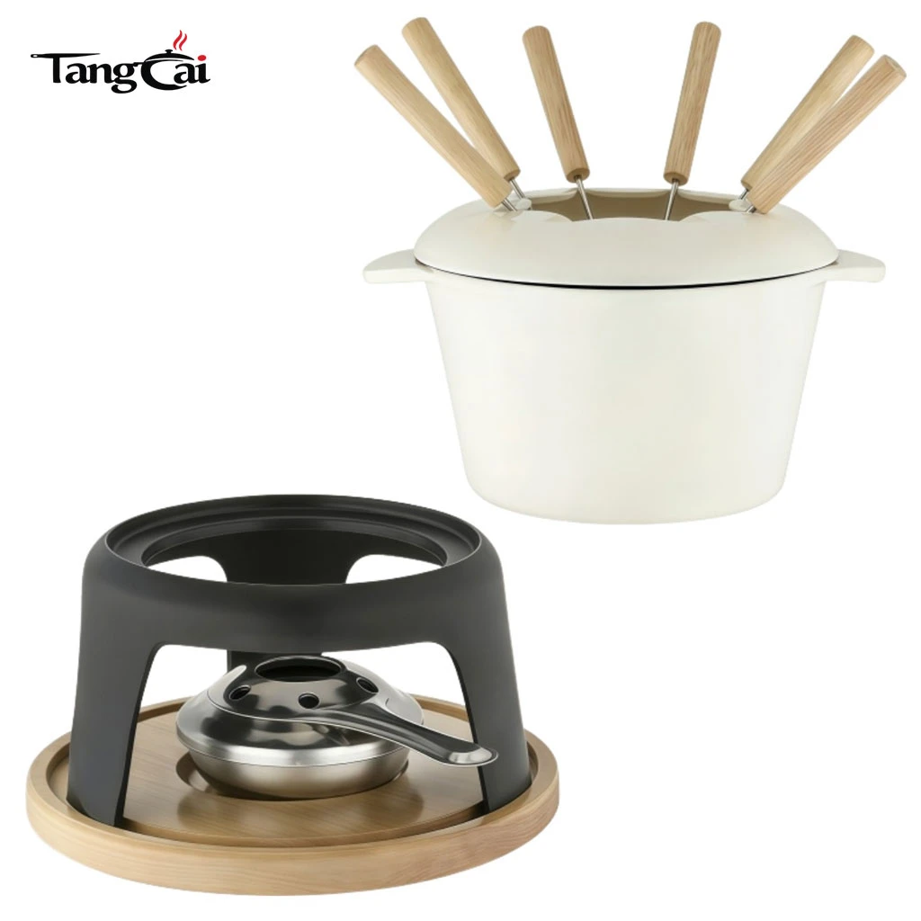 Enameled Cast Iron Fondue Set with Metal Stand and Forks, 1.6QT Chocolate Melting Pot