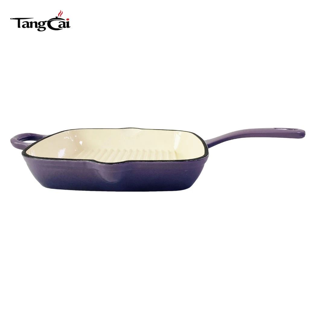 Custom Large Size Enameled Cast Iron Square Grill Pan with Dual Pour Spouts