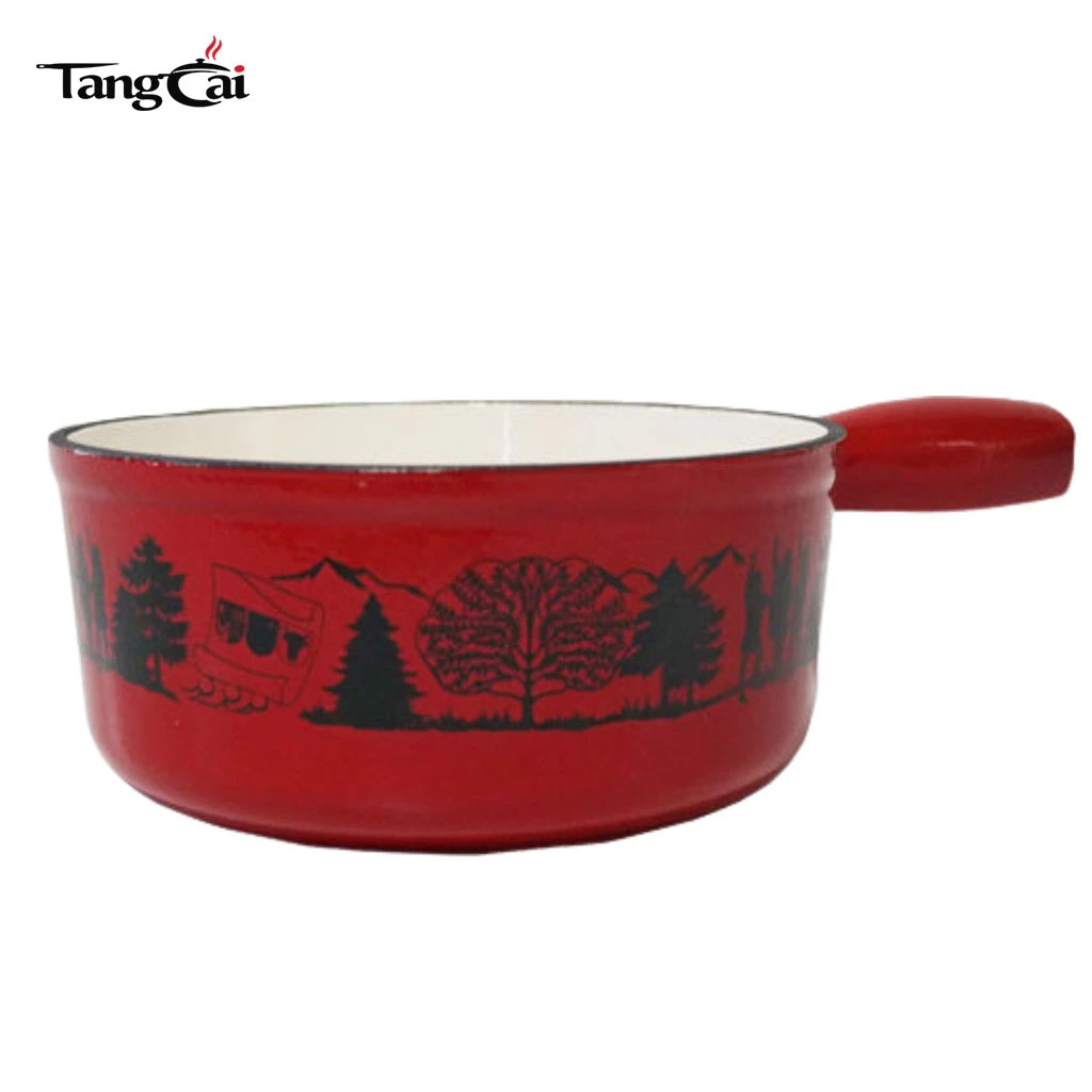 Custom Red Enameled Cast Iron Fondue Pot with Scenic Pattern Print
