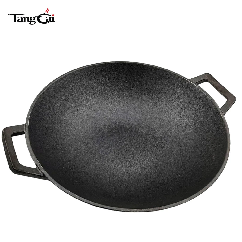 Large 14 Inch Pre-Seasoned Cast Iron Wok Pan with Dual Handles