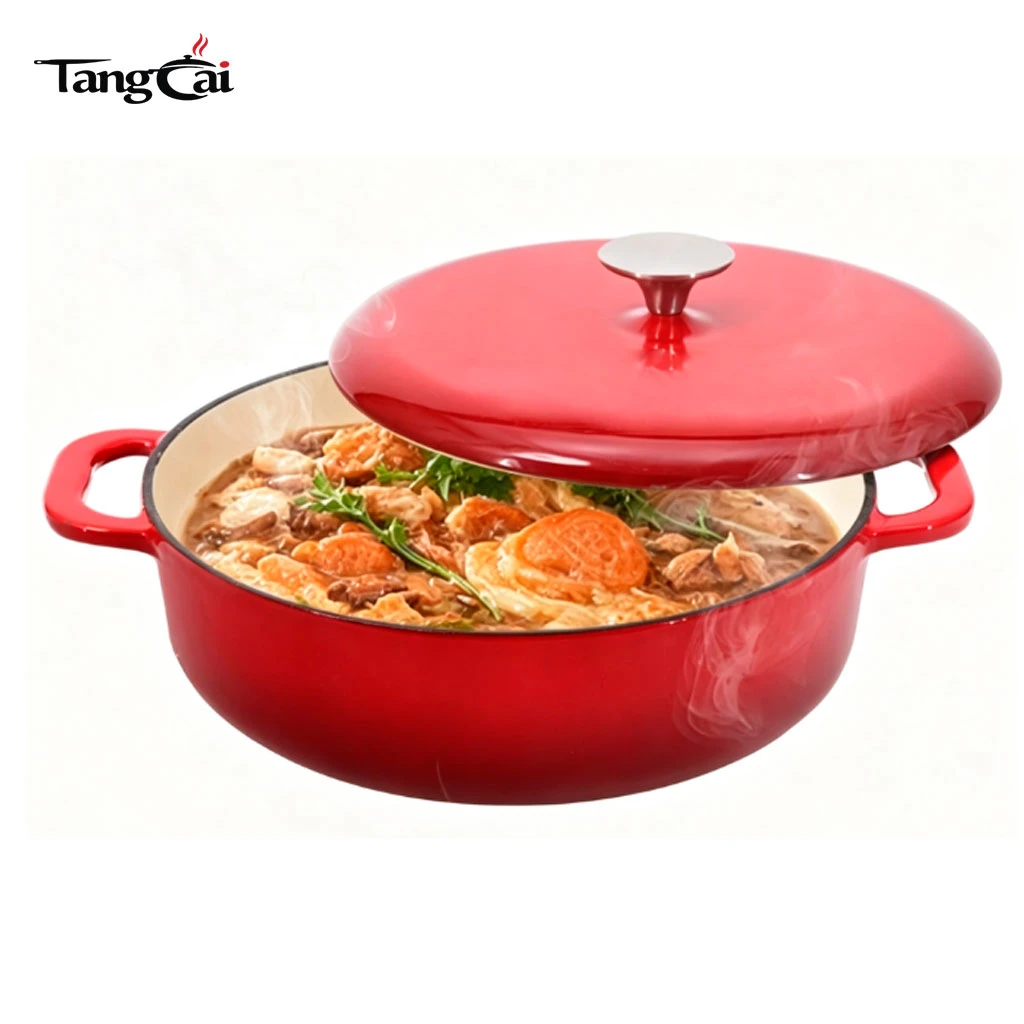 Wide-Body Enameled Cast Iron Shallow Casserole Pot for Home & Restaurant Cooking