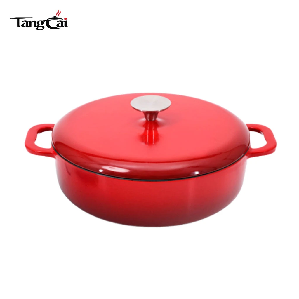 Wide-Body Enameled Cast Iron Shallow Casserole Pot for Home & Restaurant Cooking